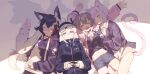  4girls :d absurdres ahoge animal_ears arms_up black_choker black_hair blue_eyes brown_hair choker cuddling drooling eyewear_on_head glasses hairband highres hololive hood hoodie inugami_korone looking_at_viewer lying midriff multiple_girls nekomata_okayu on_back on_side ookami_mio pink_hair red-framed_eyewear shirakami_fubuki shorts sleeping smile tail thigh_strap twitter_username virtual_youtuber westlee_ar zipper_pull_tab 