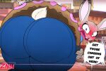 2024 anthro big_butt blush blushing_profusely bottomwear buckteeth butt butt_focus clothed clothing dessert dialogue disney doughnut ears_up female food fur grey_body grey_fur hi_res huge_butt humor judy_hopps judy_stuck_in_donut_redraw lagomorph leporid looking_at_viewer looking_back mammal nightlyflare open_mouth pants pink_nose rabbit scut_tail short_tail solo speech_bubble stuck tail teeth thick_thighs wide_hips yelling zootopia