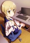  1girl absurdres arm_support blue_sailor_collar cereal_(cerealoekaki) chair foreshortening highres ichii_yui indoors keyboard_(computer) long_sleeves looking_back low_twintails monitor neckerchief necktie office_chair sailor_collar school_uniform serafuku sitting solo swivel_chair twintails yellow_eyes yellow_neckerchief yellow_necktie yuyushiki yuyushiki&#039;s_school_uniform 