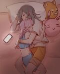  2girls bandaid breasts cellphone closed_eyes closed_mouth couple grey_hair highres honkai:_star_rail honkai_(series) hug lying march_7th_(honkai:_star_rail) medium_breasts medium_hair midriff multiple_girls on_side open_mouth orange_shorts phone pillow pink_hair shirt shorts sleeping smartphone stelle_(honkai:_star_rail) trailblazer_(honkai:_star_rail) white_shirt yorobisan yuri 