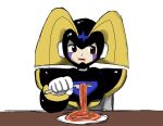  armor bass_(mega_man) black_armor chest_jewel food fork highres holding holding_fork kanmarisa_(meme) mega_man_(series) meme pasta simple_background spaghetti table touhou zun_(style) 