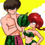  1boy 1girl annoyed arm_up bikini blue_eyes braid braided_ponytail breasts brown_hair cleavage cloud_background eyeshadow food food_print fruit fruit_print genderswap genderswap_(mtf) hand_on_own_chin hand_on_own_hip holding holding_food holding_fruit holding_watermelon kunou_tatewaki looking_at_another looking_at_object makeup male_swimwear medium_breasts medium_hair muscular muscular_male narrow_waist narrowed_eyes navel outdoors print_bikini print_male_swimwear purple_eyeshadow ranma-chan ranma_1/2 red_hair saotome_ranma short_hair signature sweatdrop swimsuit thinking topless_male two-tone_background wanta_(futoshi) watermelon_print 