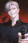  1boy aiming aiming_at_viewer black_eyes black_shirt blood blood_on_clothes blood_on_face blood_on_neck collared_shirt gun highres ilay_riegrow light_smile male_focus parted_lips passion_(manhwa) pointing_gun red_background shirt solo teeth twitter_username upper_body weapon whiteislife_4 