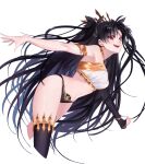  1girl :d arm_warmers armlet bare_shoulders bikini black_hair breasts commentary_request cropped_legs detached_sleeves earrings fate/grand_order fate_(series) hair_ribbon highres hoop_earrings ishtar_(fate) jewelry leaning_forward long_hair looking_at_viewer medium_breasts mismatched_bikini navel neck_ring negima_(187rhrh) open_mouth red_eyes ribbon single_arm_warmer single_detached_sleeve single_thighhigh smile solo swimsuit teeth thighhighs tiara two_side_up upper_teeth_only white_background 