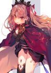  1girl :d asymmetrical_legwear black_leotard blonde_hair blush bow breasts cape cloak earrings ereshkigal_(fate) fate/grand_order fate_(series) hair_bow heart heart-shaped_pupils highres jewelry leotard long_hair looking_at_viewer open_mouth parted_bangs red_bow red_cloak red_eyes skull skull_ornament smile solo soukou_makura symbol-shaped_pupils thick_thighs thighs tiara two_side_up 