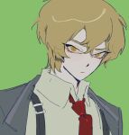  1boy black_coat blonde_hair closed_mouth coat collared_shirt expressionless green_background limbus_company looking_at_viewer necktie official_art portrait project_moon red_necktie shirt simple_background sinclair_(project_moon) solo suspenders vellmori white_shirt yellow_eyes 