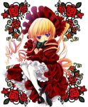  1girl blonde_hair blue_eyes blush bonnet commentary_request dress flower full_body lolita_fashion long_hair looking_at_viewer pantyhose red_dress red_flower red_rose rose rozen_maiden shinku sidelocks solo tsucaco twintails very_long_hair white_pantyhose 