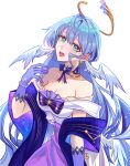  1girl :d bare_shoulders bead_bracelet beads blue_hair bow bracelet breasts bright_pupils cleavage commentary_request dress gloves green_eyes head_wings honkai:_star_rail honkai_(series) jewelry long_hair looking_at_viewer medium_breasts off-shoulder_dress off_shoulder official_alternate_costume open_mouth purple_bow purple_dress purple_gloves revision robin_(honkai:_star_rail) shawl short_sleeves simple_background smile solo two-tone_dress upper_body very_long_hair white_background white_dress wings zeth_(907jj980) 