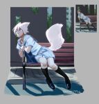  1girl animal_ears artist_name bag bench black_eyes black_footwear blue_bag blue_skirt fox_ears fox_tail hhhori kneehighs leaning_to_the_side looking_to_the_side original outdoors reference_inset shadow shirt shoes short_hair short_sleeves skirt socks solo tail tree white_hair white_shirt 