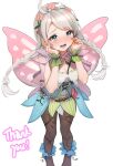  1girl absurdres ahoge blue_eyes braid breasts butterfly_wings capelet cleavage commission commissioner_upload fairy_wings fire_emblem fire_emblem_fates fire_emblem_heroes flower got0_naisho gradient_clothes green_bracelet grey_hair hair_vines hairband hands_on_own_face highres insect_wings leaf_bracelet long_hair low_twin_braids low_twintails medium_breasts nina_(fire_emblem) nina_(resplendent)_(fire_emblem) non-web_source official_alternate_costume open_mouth parted_bangs pink_capelet pink_flower skeb_commission solo thank_you twin_braids twintails vine_belt vine_bracelet vine_harness vine_print white_flower wings 