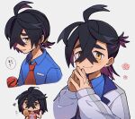  1boy black_hair blue_shirt blush closed_mouth collared_shirt colored_inner_hair commentary_request crossed_bangs flower_(symbol) gloves hair_between_eyes highres jacket kieran_(pokemon) male_focus medium_hair multicolored_hair multiple_views necktie pokemon pokemon_sv red_gloves red_necktie shirt smile squiggle sweatdrop translation_request usagi_mochi_(nsi_0012) yellow_eyes 