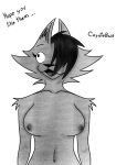 anthro areola big_breasts blush breasts canid canine canis coyote coyotebass female hair mammal monochrome nipples nude open_mouth simple_background smile solo text xanny_(coyotebass)