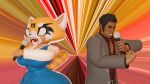 16:9 3d_(artwork) abstract_background aggretsuko ailurid anthro digital_media_(artwork) duo electronics female hi_res human japanese kiryu_kazuma male male/female mammal microphone red_panda retsuko s1m0n sanrio singing widescreen