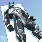 abs anthro canid canine claws cybernetics glowing glowing_markings hi_res hyenaface machine male mammal markings metallic_body muscular muscular_male nude null pecs restraints robot solo