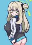  1girl absurdres ass blonde_hair blue_archive blurry blurry_background bottomless breasts green_eyes grin hair_between_eyes hair_bun halo highres jacket large_breasts long_hair nonomi_(blue_archive) panatisia simple_background smile track_jacket 