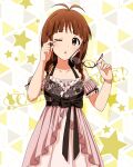  1girl akizuki_ritsuko antenna_hair bare_shoulders blunt_bangs bracelet braid breasts brown_hair collarbone detached_sleeves dot_nose eyelashes floral_print frilled_negligee frills hair_tie halterneck hand_on_own_ear holding holding_removed_eyewear idolmaster idolmaster_(classic) idolmaster_million_live! idolmaster_million_live!_theater_days jewelry layered_nightgown light_blush official_alternate_costume official_art one_eye_closed parted_lips pink_negligee puffy_detached_sleeves puffy_sleeves ribbon-trimmed_sleeves ribbon_trim rose_print sexy_beautiful_(idolmaster) sidelocks small_breasts solo standing tearing_up twin_braids unworn_eyewear 