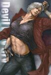  1boy abs belt black_gloves blue_eyes coat collarbone dante_(devil_may_cry) denim devil_may_cry_(series) devil_may_cry_5 facial_hair fingerless_gloves full_body gloves highres holding jeans lips long_hair looking_at_viewer male_focus mature_male muscular muscular_male navel nose pants pectorals realistic red_coat shirt smile solo stomach toned toned_male upper_body white_hair ye_(ye79132751) 