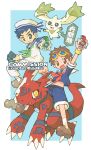  2boys absurdres animal_ears arm_up blue_background blue_sailor_collar blue_shirt blue_shorts card colored_skin commission d-ark digimon digimon_tamers dinosaur green_ribbon guilmon highres holding holding_card iikoao li_jianliang lop_rabbit_ears matsuda_takato multiple_boys pants rabbit_ears red_ribbon red_skin ribbon riding sailor_collar shirt shorts terriermon trading_card translation_request white_pants white_sailor_collar white_shirt yellow_eyes 