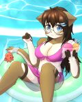 2021 5_fingers anthro belly big_breasts bikini blue_eyes blush breasts brown_body brown_fur brown_hair cleavage clothed clothing container dessert domestic_cat echa_(echa_neko) echa_neko eyewear felid feline felis female female_anthro fingers food fur glass glass_container glasses hair hi_res ice_cream inflatable inner_tube long_hair looking_at_viewer mammal multicolored_body multicolored_fur pawpads pink_bikini pink_clothing pink_pawpads pink_swimwear solo swimwear two_tone_body two_tone_fur under_boob water white_body white_fur