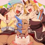  1girl 2boys between_breasts black_shirt blonde_hair bowl breasts brown_eyes cake collarbone food happy_birthday highres holding holding_cake holding_food holding_whisk horns ibaraki_(housamo) large_breasts mask multiple_boys navel nipples no_pupils ojou-sama_pose open_mouth pointy_ears shirt shuten_douji_(housamo) string_of_flags sumi_wo_hakuneko sweat tokyo_afterschool_summoners veins veiny_arms whisk 