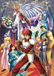  1990s_(style) 5boys 6+girls adol_christin angel_wings armor bami_(ys) blue_cape blue_hair blue_headband blue_robe boots bracer breasts brown_footwear cape cleavage covered_navel danmakuman dogi_(ys) eldeel_(ys) feathered_wings feena_(ys) gadis_(ys) gloves gruda_(ys) hair_over_one_eye headband highres holding holding_sword holding_weapon jewelry karna_(ys) large_breasts leather leather_gloves leeza_(ys) lilia_(ys) long_hair low_twintails multiple_boys multiple_girls muscular muscular_male necklace parted_bangs pauldrons pelvic_curtain pillar purple_robe reah_(ys) red_hair retro_artstyle robe sheath short_hair shoulder_armor signature sparkle spiked_pauldrons sword twintails very_long_hair weapon white_wings wings ys ys_iv_dawn_of_ys 