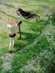  2girls absurdres akemi_homura baby&#039;s-breath back_bow black_eyes black_hair black_pantyhose black_skirt bow brown_footwear day facing_away field floating_hair flower from_behind grass green_flower hair_ribbon half-closed_eyes high_collar highres holding_hands hoseek jitome juliet_sleeves kaname_madoka loafers long_hair long_sleeves looking_at_another mahou_shoujo_madoka_magica mahou_shoujo_madoka_magica_(anime) mitakihara_school_uniform multiple_girls nature neck_ribbon orange_flower outdoors pantyhose pink_flower pink_hair pink_ribbon pleated_skirt puffy_sleeves red_flower ribbon school_uniform shadow shoes short_twintails sidelighting skirt standing straight_hair sunlight thighhighs twintails very_long_hair white_flower white_thighhighs wide_shot zettai_ryouiki 