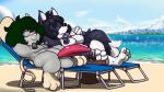 afro anthro areola beach beach_chair belly beverage big_ears big_nipples big_penis black_areola black_hair black_sclera breasts butt buttons_(nipples) canid canine canis casual_exposure casual_nudity chest_tuft container cup duo facial_hair female fluffy fluffy_hair fluffy_tail fur genitals goatee green_hair grey_body grey_fur hair half-erect lemonfaace lilithdog lounging male mammal nimmy nipples nubbed_penis outside paws penis red_penis sand short_stack size_difference slightly_chubby spots tail tefemmosus thick_thighs tuft water white_belly wolf