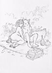 ambiguous_gender anthro bovid canid canine caprine duo female female/female female_(lore) fox fur graphite_(artwork) hair hi_res mammal nude nude_anthro nude_female nuzzling outside picnic sheep short_hair sitting sitting_on_ground traditional_media_(artwork) uniboar