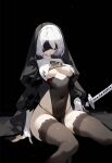  1girl 2b_(nier:automata) black_blindfold blindfold breasts clothing_cutout covered_eyes feather-trimmed_sleeves gloves highres mole mole_under_mouth navel nier:automata nier_(series) nun sagawa_gawa short_hair solo thighhighs thong veil virtuous_contract 