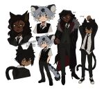  1girl 2boys animal_ear_fluff animal_ears arms_up artist_name black_coat black_eyes black_footwear black_hair black_hat black_jacket black_necktie black_pants black_suit black_sweater_vest cat_boy cat_ears cat_girl cat_tail character_name child clenched_teeth closed_mouth coat collared_shirt dark-skinned_female dark-skinned_male dark_skin deviidog0 english_text full_body green_eyes grey_hair hair_between_eyes hand_in_pocket hand_on_own_hip hands_in_pockets high_heels highres jacket jewelry long_hair long_sleeves looking_at_viewer looking_back multicolored_hair multiple_boys multiple_views necktie notched_ear open_clothes open_jacket original pants ring shirt shirt_partially_tucked_in short_eyebrows short_hair simple_background slit_pupils smile snow_leopard_boy snow_leopard_ears snow_leopard_tail standing streaked_hair suit sweater_vest tail teeth twitter_username very_dark_skin white_background 