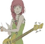  1girl bare_shoulders bocchi_the_rock! bow braid camisole collarbone commentary electric_guitar food green_camisole grey_bow guitar hair_bow highres hiroi_kikuri holding holding_food holding_guitar holding_instrument instrument juice_box long_hair looking_at_viewer open_mouth pink_hair simple_background solo tamaoki_benkyou upper_body white_background 