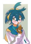  1boy collared_shirt commentary_request crossed_bangs eating food gloves hair_between_eyes hairband hand_up highres holding holding_food jacket kieran_(pokemon) long_sleeves male_focus mole mole_on_neck mouth_hold necktie orange_(orangelv20) partially_fingerless_gloves pokemon pokemon_sv shirt short_hair solo upper_body yellow_bag yellow_hairband 