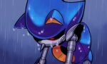  1boy alyrian black_sclera colored_sclera commentary english_commentary highres male_focus metal_sonic no_mouth non-humanoid_robot outdoors rain red_eyes robot robot_animal solo sonic_(series) upper_body wet 