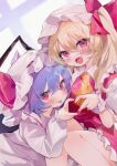  2girls :d :p bat_wings blonde_hair blue_hair blush closed_mouth commentary_request eyes_visible_through_hair fang feet_out_of_frame flandre_scarlet frilled_shirt_collar frilled_wrist_cuffs frills hair_between_eyes hair_ribbon hand_up hat hat_ribbon heart heart_hands heart_hands_duo highres long_hair long_sleeves looking_at_viewer mob_cap moni_monico multiple_girls nail_polish open_mouth pink_hat puffy_short_sleeves puffy_sleeves red_eyes red_nails red_ribbon red_vest remilia_scarlet ribbon shirt short_hair short_sleeves siblings side_ponytail simple_background sisters sitting skin_fang smile tongue tongue_out touhou tsurime vest white_background white_shirt wings wrist_cuffs 
