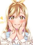  1girl blush brown_hair commentary_request hair_ribbon hands_on_own_cheeks hands_on_own_face heart highres kunikida_hanamaru long_hair long_sleeves looking_at_viewer love_live! love_live!_sunshine!! ojyomu overalls ribbon shirt simple_background smile solo translation_request upper_body white_background white_shirt yellow_eyes 