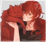  1boy brown_shirt carrying cat closed_mouth diluc_(genshin_impact) doveluc genshin_impact hair_between_eyes highres long_hair looking_at_viewer male_focus ponytail red_eyes red_fur red_hair shirt solo 