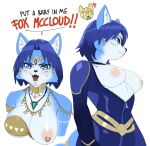 anthro big_breasts blue_body blue_fur blue_hair breasts canid canine clothing female fox fox_mccloud fur hair impregnation_request krystal_(star_fox) mammal nintendo nipple_piercing nipples piercing solo star_fox valtik white_body white_fur