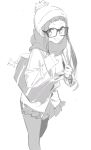  1girl bag beanie blunt_bangs breasts coat flashing glasses greyscale grin hat highres monochrome oogaki_chiaki pleated_skirt scarf school_bag school_uniform sidelocks simple_background sketch skirt small_breasts smile sunny_bitch white_background yurucamp 