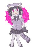  1girl animal_ear_fluff animal_ears bad_id bad_twitter_id black_bow black_gloves black_hair black_skirt bow commentary_request common_raccoon_(kemono_friends) crying crying_with_eyes_open feet_out_of_frame frown gloves grey_hair grey_pantyhose hair_between_eyes inactive_account jmeysan kemono_friends looking_at_viewer multicolored_hair open_mouth pantyhose pink_eyes pleated_skirt purple_hair purple_shirt raccoon_ears raccoon_tail sad shirt short_hair short_sleeves skirt solo standing tail tears wavy_eyes white_background 