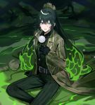  1boy belt black_belt black_gloves black_hair black_pants brown_coat coat e.g.o_(project_moon) gem gloves hand_up heterochromia highres hong_lu_(project_moon) limbus_company long_hair looking_at_viewer male_focus open_mouth pants pearl_(gemstone) project_moon sitting slime_(substance) smile solo tori_(pippikasu) very_long_hair weapon 