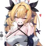  1girl animal_ears black_choker black_ribbon blonde_hair breasts character_request choker cleavage commentary copyright_request criss-cross_halter detached_sleeves fake_animal_ears grin hair_intakes hair_ribbon halterneck hand_on_own_hip long_hair looking_at_viewer medium_breasts one_eye_closed pointy_ears puffy_sleeves rabbit_ears ribbon rima_(0136) smile solo symbol-only_commentary twintails upper_body wrist_cuffs yellow_eyes 