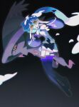  1girl bare_shoulders black_skirt black_sleeves black_thighhighs blue_hair detached_arm detached_legs film_grain full_body ghost_miku_(project_voltage) glitch glowing_neckwear grey_shirt hands_up hatsune_miku highres long_hair looking_at_viewer mismagius moonagvaze open_mouth pokemon project_voltage shirt skirt sleeveless sleeveless_shirt thighhighs twintails vocaloid yellow_eyes 