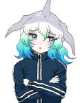  1girl absurdres alternate_costume blowhole blue_eyes blue_hair blue_jacket blue_track_suit blush common_bottlenose_dolphin_(kemono_friends) crossed_arms dolphin_girl dorsal_fin fins grey_hair head_fins highres jacket kanmoku-san kemono_friends multicolored_hair short_hair solo track_jacket track_suit upper_body white_hair 