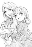  2girls annette_fantine_dominic bag bow fire_emblem fire_emblem:_three_houses garreg_mach_monastery_uniform greyscale hair_bow hair_rings long_hair long_sleeves looking_at_viewer mercedes_von_martritz monochrome multiple_girls open_mouth puffy_long_sleeves puffy_sleeves shoulder_bag simple_background smile ten_(tenchan_man) upper_body white_background 