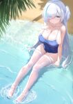  1girl absurdres alternate_skin_color azur_lane beach blue_eyes blue_hair blue_one-piece_swimsuit blush breasts cleavage collarbone eyes_visible_through_hair hair_over_one_eye highres large_breasts long_hair looking_at_viewer multicolored_hair one-piece_swimsuit pale_skin palm_leaf qian_hen sitting skindentation solo streaked_hair swimsuit tb_(azur_lane) tb_(type-s)_(azur_lane) thighhighs wakamezake water wet white_hair white_thighhighs 