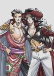  1boy 1girl absurdres arm_around_shoulder belt black_hair blue_eyes boa_hancock boa_hancock_(cosplay) breasts cleavage closed_mouth coat cosplay costume_switch cross cross_pendant dracule_mihawk dracule_mihawk_(cosplay) earrings english_commentary facial_hair hand_on_own_hip hat hat_feather highres huge_breasts jewelry large_breasts long_hair long_sleeves looking_at_viewer manofbeskar midriff mustache navel necklace nipples no_bra one_piece pants pectorals short_hair shoulder_pads skirt smile snake_earrings standing sword very_long_hair weapon white_pants yellow_eyes yoru_(sword) 