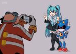  1girl 2boys alyrian aqua_eyes aqua_hair bald black_sclera cellphone colored_sclera commentary crossover dr._eggman english_commentary facial_hair goggles goggles_on_head grey_background hatsune_miku holding holding_phone jacket metal_sonic multiple_boys mustache necktie no_mouth non-humanoid_robot one_eye_closed phone red_eyes robot robot_animal simple_background skirt smartphone sonic_(series) sparkle taking_picture thighhighs twintails v 