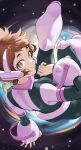  1girl absurdres ass black_bodysuit blush bodysuit boku_no_hero_academia brown_eyes brown_hair fengling_(furin-jp) floating highres looking_at_viewer looking_back multicolored_bodysuit multicolored_clothes pink_bodysuit short_hair solo space superhero_costume uraraka_ochako 