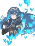  1girl blue_eyes blue_gloves blue_hair brand_of_the_exalt bug butterfly butterfly_on_hand chimney_(chimney0311) closed_mouth cropped_torso fingerless_gloves fire_emblem fire_emblem_awakening gloves hair_between_eyes highres long_hair long_sleeves looking_at_viewer lucina_(fire_emblem) smile symbol_in_eye tiara upper_body white_background 