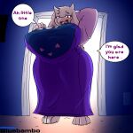 anthro bedroom bedroom_eyes big_breasts big_butt bluebambo breasts butt clothing female hi_res huge_breasts huge_butt narrowed_eyes presenting robe seductive solo speech_bubble text thick_thighs toriel undertale undertale_(series)